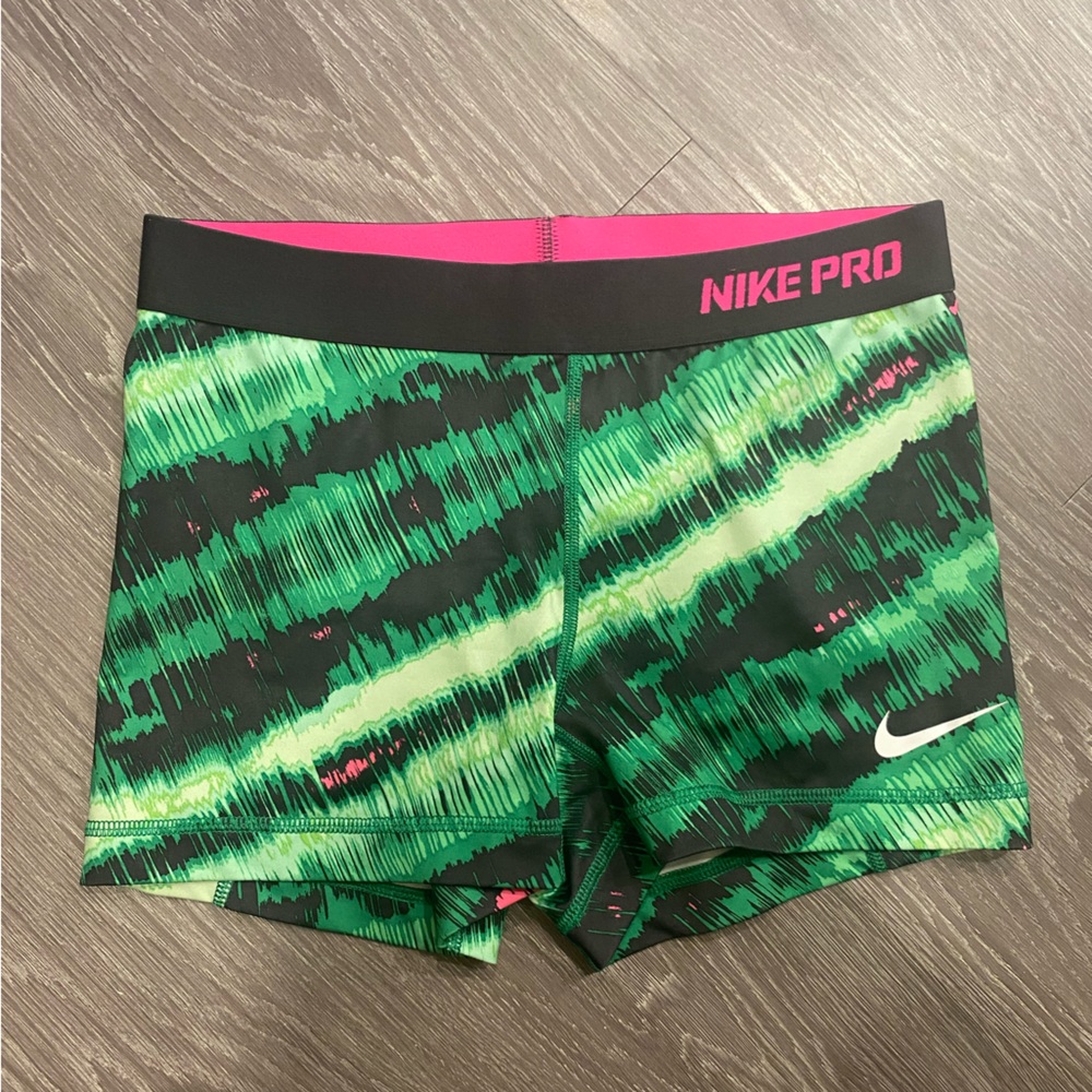 Nike Pro Spandex Shorts Dri fit, green pink & black tie dye, size medium